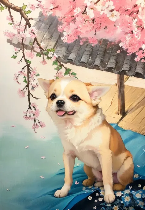 there is a small dog sitting on a blanket under a tree, japanese dog, painting of cute dog, detailed portrait, miko, high quality portrait, makoto oil painting, shikamimi, 8k!!, けもの, intermediate art, traditional art, large portrait, miyagawa choshun, by C...