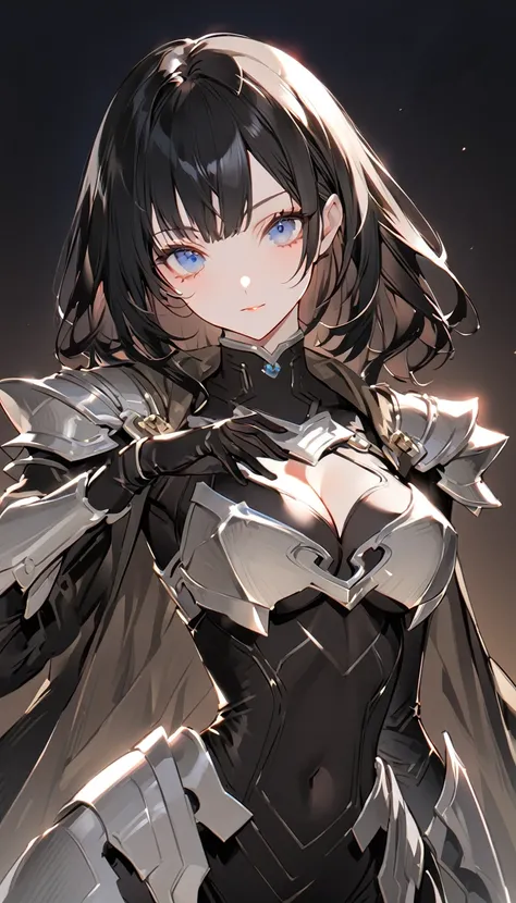 this is a lady posed in a cartoon image wearing a suit of armor, 1girl, breasts, solo, blue eyes, black hair, cleavage, looking at viewer, gloves, covered navel, jacket, bodysuit, black bodysuit