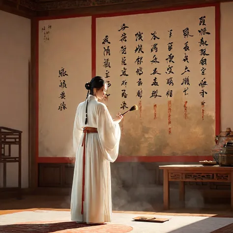 ((Unreal Engine 5)), Realistic rendering, Excellent, (Warm light room), （Chinese poet), (down view), Paint a painting of an ancient poet writing a poem in the room， Hold a brush in hand，Wear white Hanfu，Ancient Chinese literati，inspired by Li Kan, epic ful...