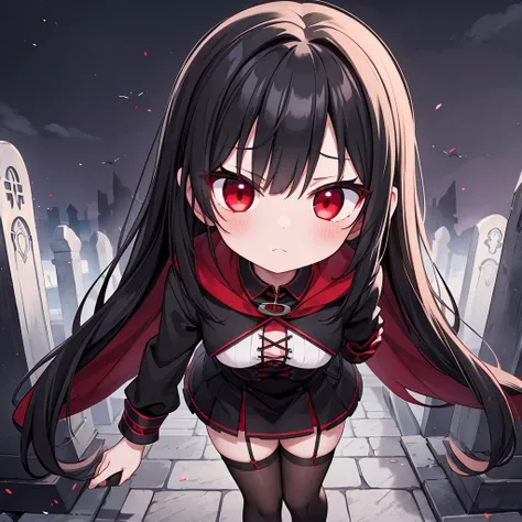 A cute ghostly girl, black hair, red eyes, black and red tattered clothing, black and red gloves, black stockings, cold stare, ripped clothing, medieval, graveyard background, ghostly red aura