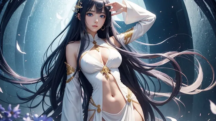 8K、Ultra HD、anime、（A very beautiful female character with beautiful features）、（（Beautiful clear blue eyes））、（（The whole body faces forward））、Beautiful long hair、Messy bangs、（Beautiful and well-proportioned depiction of the whole body）、（Beautiful depiction ...