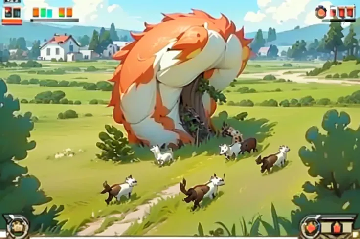 Close-up of a cartoon farm，There are a group of animals inside, Gameplay, Gameplay still, in Game Screenshot, Gameplay screenshot with ui, mobile game style, Gameplay screenshot, video Game Screenshot>, screenshot, mobile game, 2 d game, in-Game Screenshot...