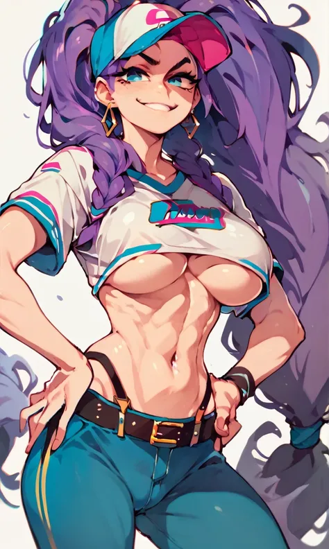 score_9, score_8_up, score_7_up, score_6_up, 1girl. big breasts, pale skin, blue eyes, purple hair, pigtail hairstyle, smirk, crop top, underboob, straps, blue pants, baseball cap, white background, earring, confident, hands on hips, exposed midriff
