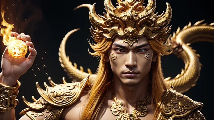 4k Resolution,Wukong, (Monkey King),Hero,(High Detailed face(Purple Face,slim lips ,realistic),(High Detailed eyes(Golden eyeshadow,),Golden Monkey Long Hairs,)He wears Military Royal Metal Full Monkey King Suits, Journey to the West,UHD Ultra details,Magi...