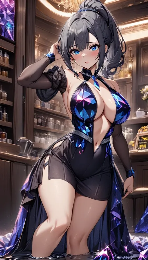 1girl,(gray black hair),spread short ponytail,blue eyes,large breasts,topaz crystalline dress