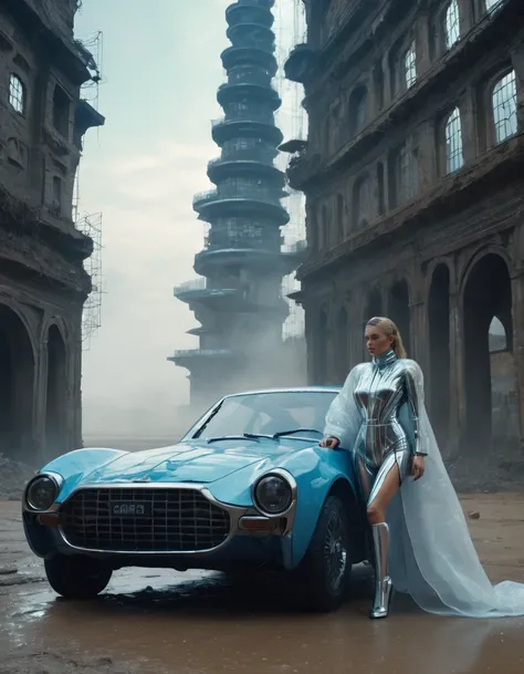 an old car in tarkovsky greatest scene,  Destroy the majestic Tower of Babylon, Woman in futuristic cyber costume, Transparent down jacket, Surrealism, Blockchain, Internet, Ambient Lighting, Concept Art, complex, Ultra Detailed, tarkovsky greatest scene, ...