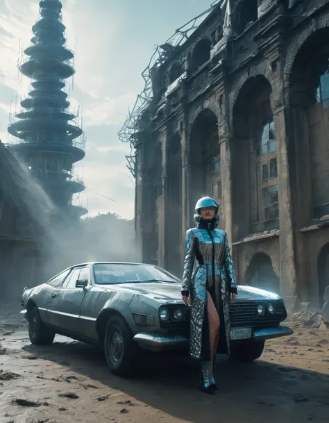 an old car in tarkovsky greatest scene,  Destroy the majestic Tower of Babylon, Woman in futuristic cyber costume, Transparent down jacket, Surrealism, Blockchain, Internet, Ambient Lighting, Concept Art, complex, Ultra Detailed, tarkovsky greatest scene, ...