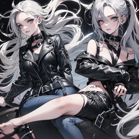 one  biker girl , Light ash grey hair elegantly curled,blue light eyes, punk styles, has tattos on the arm , Masterpiece（（tmasterpiece）），Black color Leather jacket（（black jean ）），，adorlable，beautiful face