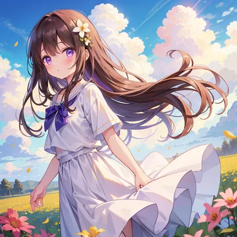 Masterpiece, best quality, high quality, One girl, has long brown hair, purple eyes, beautiful eyes, wears long White skirt, walking on the field, flowers on the field, Summer, clouds on the sky, sunny day, shy mile