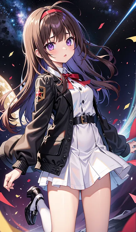 Brown Eyed Woman、21 years old（Medium Hair、Dark Brown Hair、Wavy Hair、Red Hairband）、Ahoge、（（White blouse with black stars、Best、Jacket、開いたJacket、星が付いた赤いJacket））、（（Black Mini Skirt、barefoot））、（（Black thigh-high socks、High heels））、Surrounding purple star energy...