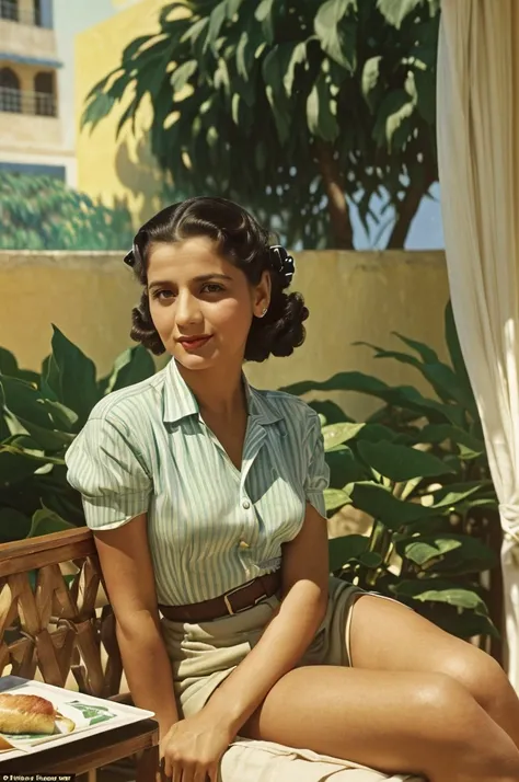 Palestine, 1946. portrait of A young ((((35-year-old)) Sira Quiroga)), beautiful, skinny, sitting in a luxurious hotel patio, having breakfast, ((((clothings from the 1940s)))), ((hairstyle of the 1940s)), ((colorful, Monet))