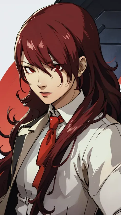 mitsuru kirijo, portrait, suit, tie, red eyes, long hair, hair over one eye