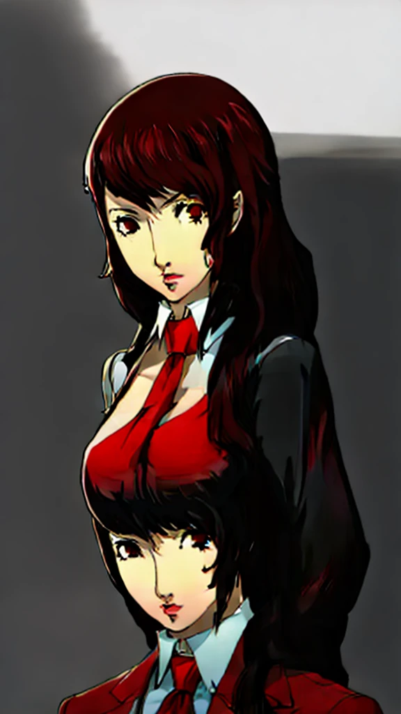 mitsuru kirijo, portrait, suit, tie, red eyes, long hair, hair over one eye , hair over one eye, huge breast