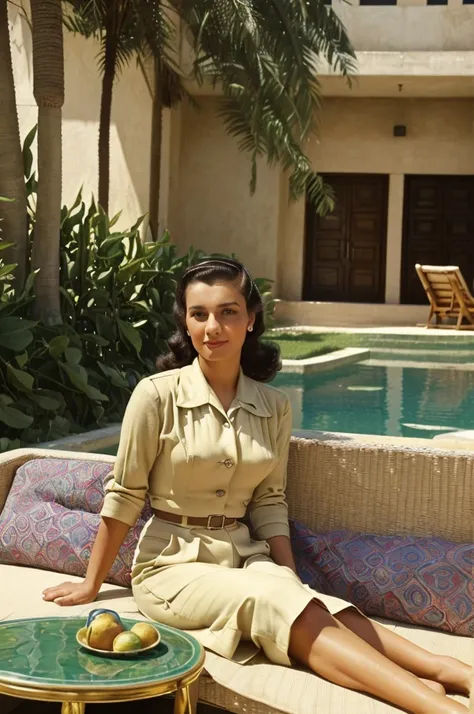 Palestine, 1946. portrait of A young ((((35-year-old)) Sira Quiroga)), beautiful, skinny, sitting in a luxurious hotel patio, ((((clothings from the 1940s)))), ((hairstyle of the 1940s)), ((colorful, Monet))