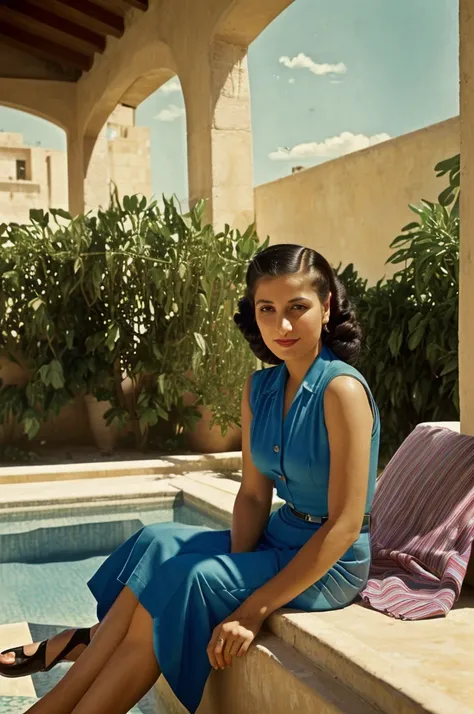 Palestine, 1946. portrait of A young ((((35-year-old)) Sira Quiroga)), beautiful, skinny, sitting in a luxurious hotel patio, ((((clothings from the 1940s)))), ((hairstyle of the 1940s)), ((colorful, Monet))