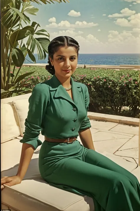 Palestine, 1946. portrait of A young ((((35-year-old)) Sira Quiroga)), beautiful, skinny, sitting in a luxurious hotel patio, ((((clothings from the 1940s)))), ((hairstyle of the 1940s)), ((colorful, Monet))