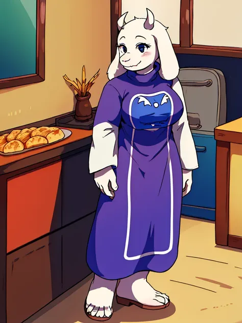 toriel, 1girl, furry, furry_female, goat_ears, goat_girl, indoors, smile, solo, sandals