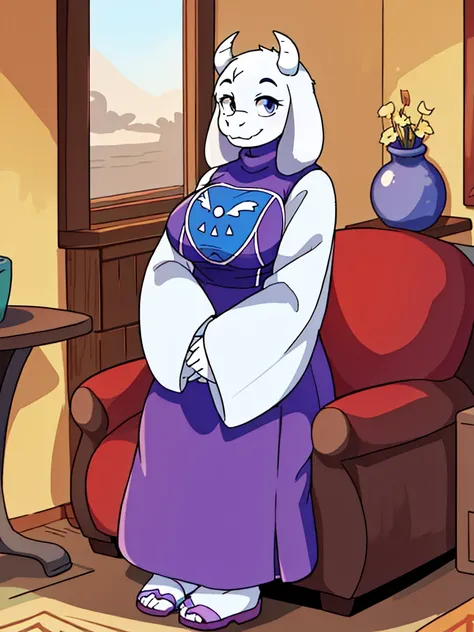 toriel, 1girl, furry, furry_female, goat_ears, goat_girl, indoors, smile, solo, sandals