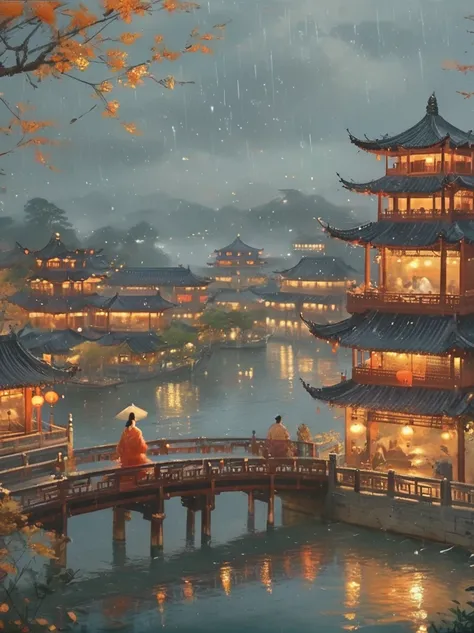 （Best quality、4K、8K、high resolution、masterpiece：1.2）、Ultra Detail、（lifelike、Photorealism、Photorealism：1.37）、Girl holding an oil-paper umbrella、Stand on a small bridge、Running Water、Ancient Town、Jiangnan Scenery、antique、Spring rain、light rain、beauty、beauty细...