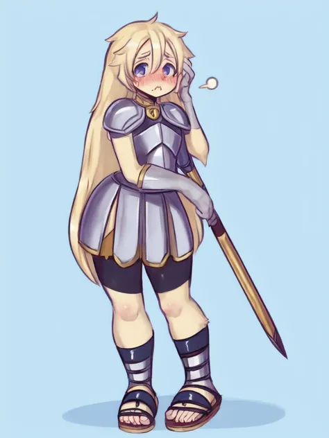 cute, shy, wearing full body plate armor, gladiator skirt, gladiator sandals, humanoid feet,  holding a spear, nosebleed,bloody nose
