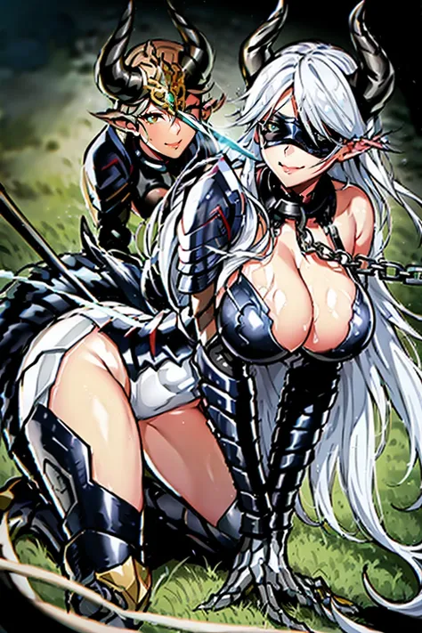 armor, leotard, (((shoulder armors))), cleavage cutout, leotard, breastplate, gauntlet, thig high boots, detachable collar, large breasts, cleavage, long hair, white, (((((blindfold))))), beautiful, horn on side head, masterpiece, masterwork, super fine il...