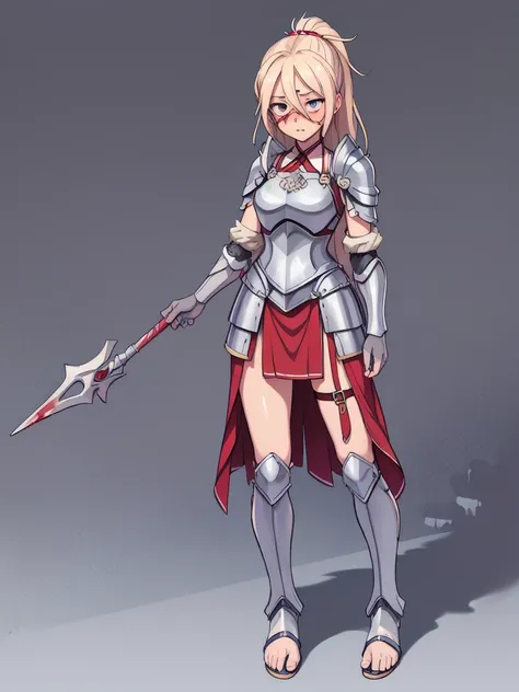 cute, shy, wearing full body plate armor, gladiator skirt, gladiator sandals, humanoid feet,  holding a spear, nosebleed,bloody nose
