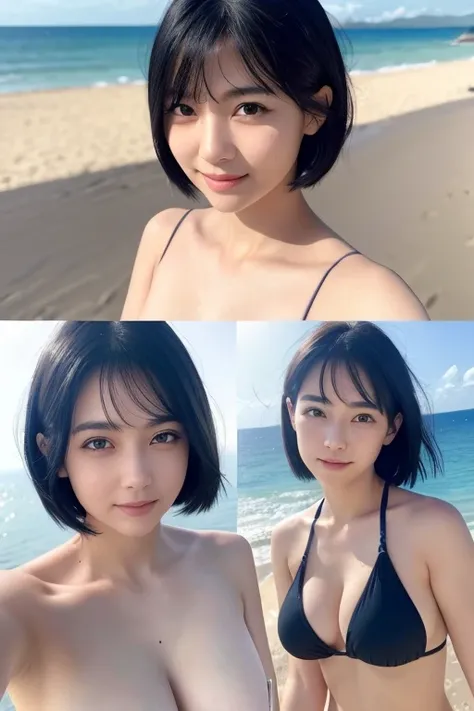 Three smiling girls, Blowing in the wind for a long time [Blue-black:.3] hair,View your viewers, (masterpiece:1.3), (8K, Realistic, RAW Photos, Highest quality: 1.4), Japanese, (One Girl), Beautiful Face, (Realistic Face), (black hair, short hair:1.3), bea...