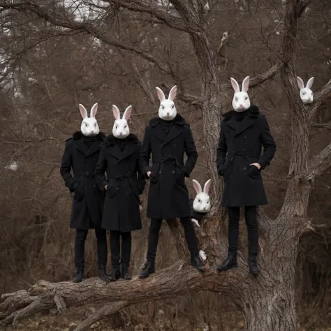 mask,  rabbits in black coats standing on a tree