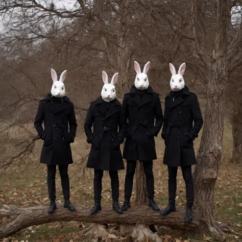 mask,  rabbits in black coats standing on a tree