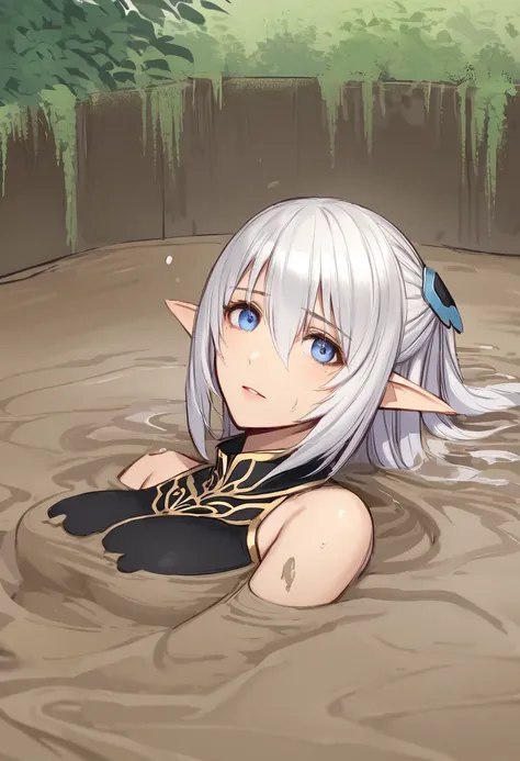 semi-realistic, 1girl, portrait Altina, elf, elven ears, silver hair, blue eyes, hair clips, bare shoulders, black collared capelet, ,sinking, torn clothes ,quicksand, pool of mud, forest with marsh covered by think fog background