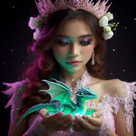 photography. a beautiful Indonesian woman, pink crown.  holding a cute little snow dragon in their hands, Newly hatched dragons glow in green, with a glow around it, soft and delicate draconic features, Dark background. with the overall blue purple pink co...