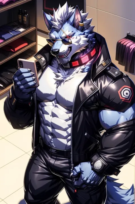 solo, anthro, furry, furry male, wolf, ((fluffy fur, fluffy, furry body)), (wolf print), red eyes, hair tuft, long hair, (light blue body, blue body, muscles), wolf tail, ((white hair, mohawk hair)), (white muzzle, white forearms), Camera Recording POV, Ca...