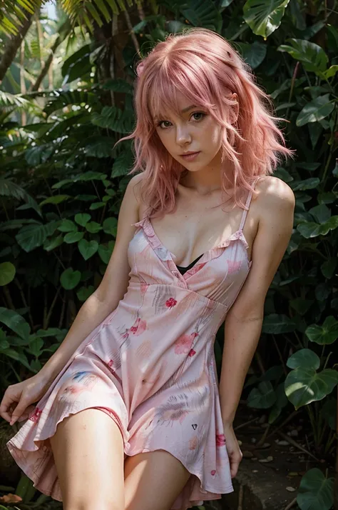 girl with pink hair , pink messy hair, 1 girl, solo, ,  in a jungle, pink sundress, voloptulous