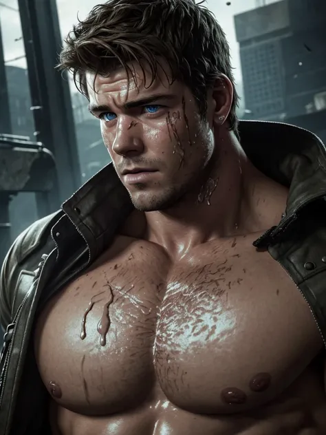 close-up photo of a naked, splattered luke hemsworth as piers nivans from resident evil 6. the modern muscle soldier. the whole ...