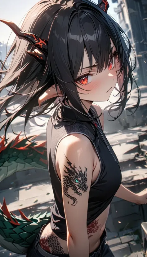 young girl, long black hair, red eyes, dragon horns, dragon tail, battle form, open belly, dragon tattoo, sleeveless, tattoo, ma...