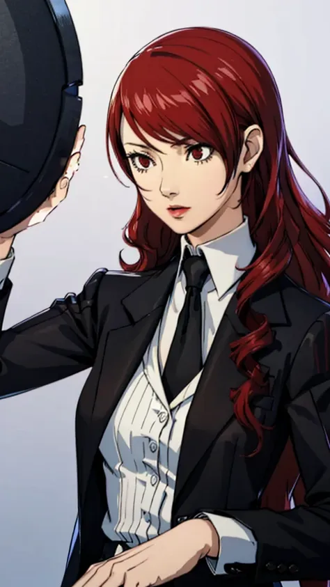 1 girl, medium breast, Mitsuru kirijo, portrait, black suit black suit, tie, red eyes, long hair, hair over one eye , lipstick, red hair