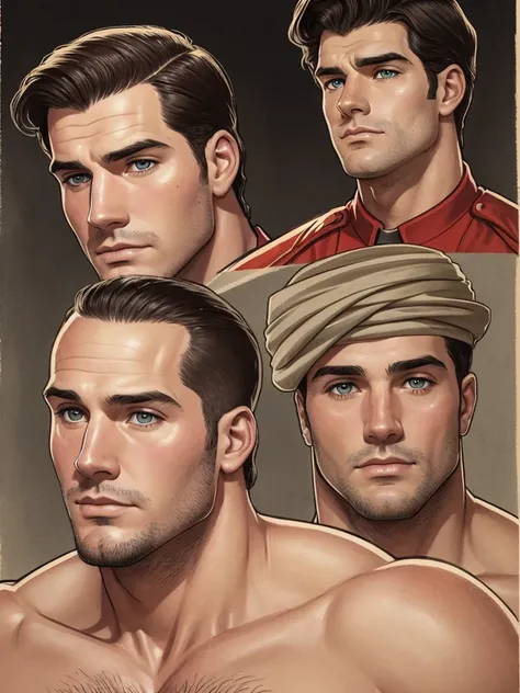 Illustration in Leyendecker style: full-length drawing Sean Strong - 29, 61", 205 lbs, cos, similar to Henry Cavill, but a face like Tom Hardy for inspiration, beutiful, but not model material, Dark Brown Hair, Almost black pool of eyes, Constant five-hour...