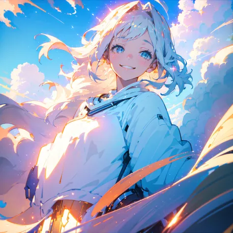 masterpiece, best quality, movie still, 1girl, floating in the sky, cloud girl, cloud, (close-up:1.1), bright, smug, smirk, happy, fun, soft lighting, volumetric lighting, Bauhaus, shapes, lines, sparkling, glittering, swirling, abstract, expressive