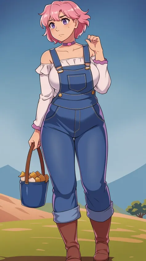 sad, farm backround, full body, looking at viewer, 1girl, solo, short pink hair, (dark blue choker), (dark blue denim overalls),...