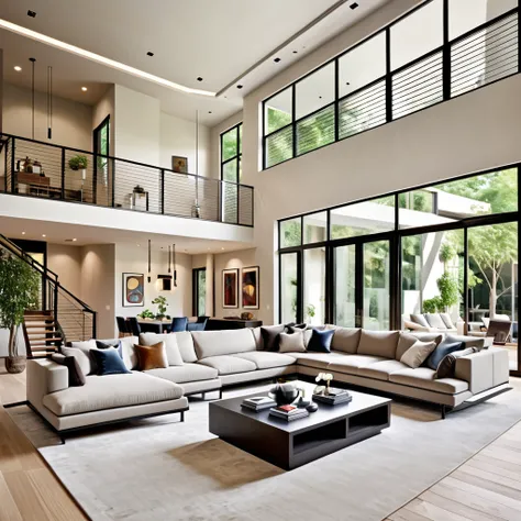 Design a contemporary and airy living room with a high ceiling and open layout. The space includes a large sectional sofa with a neutral palette, modern coffee tables, and a chic lounge chair. The floating staircase leading to the mezzanine level adds a un...