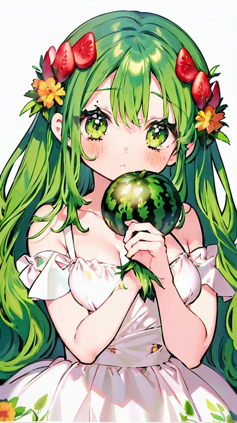 a girl anime girl with lots of green hair and watermelons around her, 1 woman, green eyes, alone, green hair, give, twin gives, ...