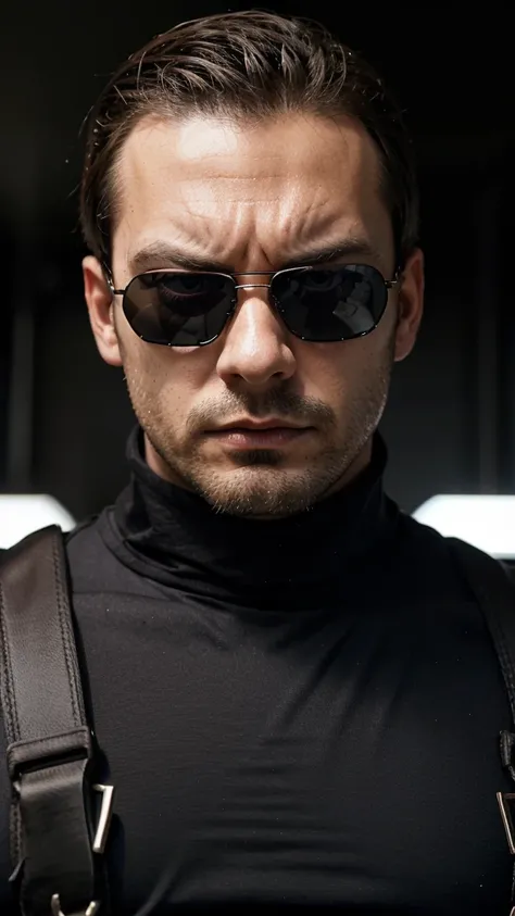 andrew tate, dark sunglasses, arrogant domineering manly intense focused angry