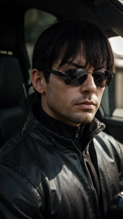 andrew tate, dark sunglasses, arrogant domineering manly intense focused angry