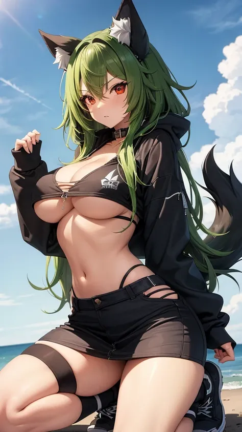   , Croped, , cleavage, slim waist, cropped hoodie underboob, cropped hoodieunderboobhoodie, 1girl, 2 wolf ears, wolf tail, marijuana crop hoodie, crop shorts, marijuana hoodie, spiky hair, spiky fur, green hair, red eyes,marijuana field, tight clothes, pe...