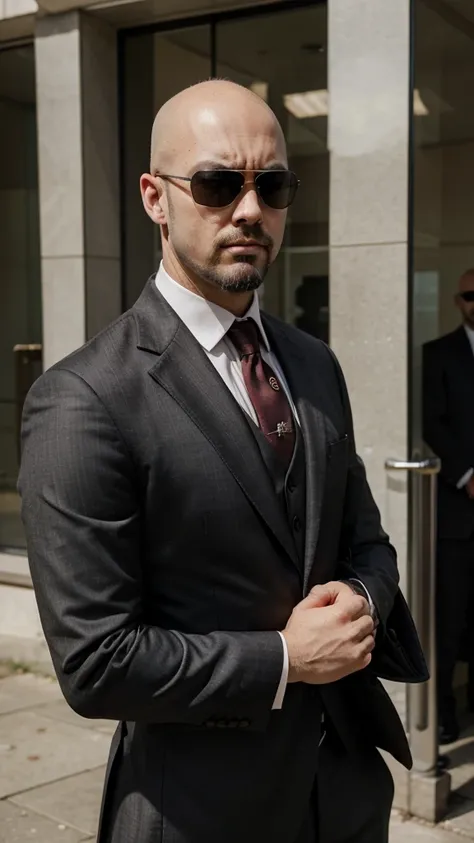 bald andrew tate, goatee beard, classic suit, sunglasses, arrogant domineering manly intense focused angry