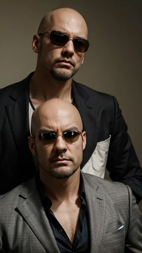 bald andrew tate, goatee beard, classic suit, sunglasses, arrogant domineering manly intense focused angry