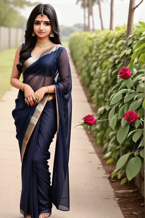 A indian girl  with blue eyes and had a rose in his hands of age 26 years in black traditional saree
