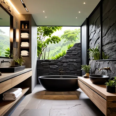 Design an elegant and tranquil bathroom that integrates modern luxury with natural beauty. The space should feature a large matte black bathtub positioned next to a floor-to-ceiling window that opens up to a scenic rocky garden with lush plants. The walls ...