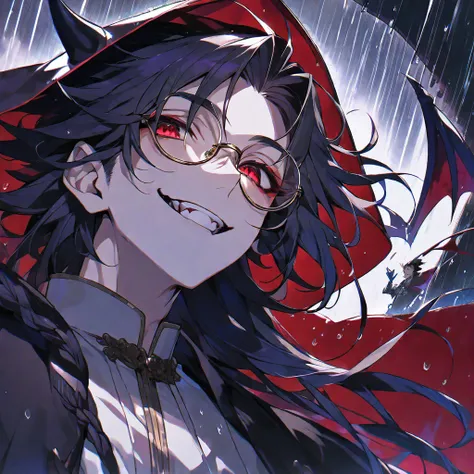 solo, handsome,
1 male, 
long hair,straight hair,Braided black hair, devil,
red eyes, Gojo Satoru,casual, Prince,cloak ,black court,cool,smile ,Round Glasses,Put on the hood,rain, vampire,BLOOD,PIERROT, priest, magic,
black background,look up,Face close-up