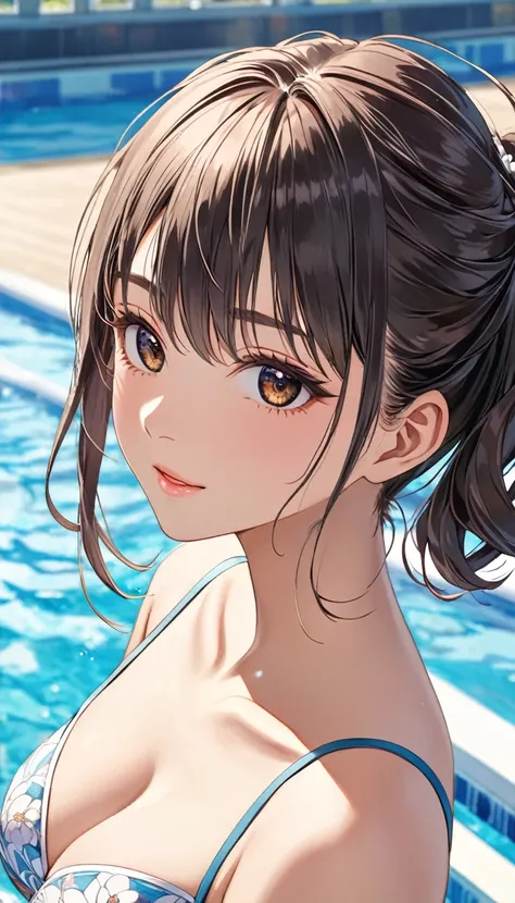 (((masterpiece))),(((High resolution))), (((perfect face)))、(((Japan beauty)))、15 years old, (((bikini))), ((top quality eyes)), detailed texture, ((high resolution face)), (at the swimming pool), (((leaning forward)))